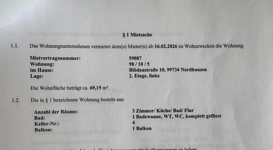 Etagenwohnung Nordhausen - 3 Zimmer, 69 m&sup2;, 578&euro; | Angebot:25540077