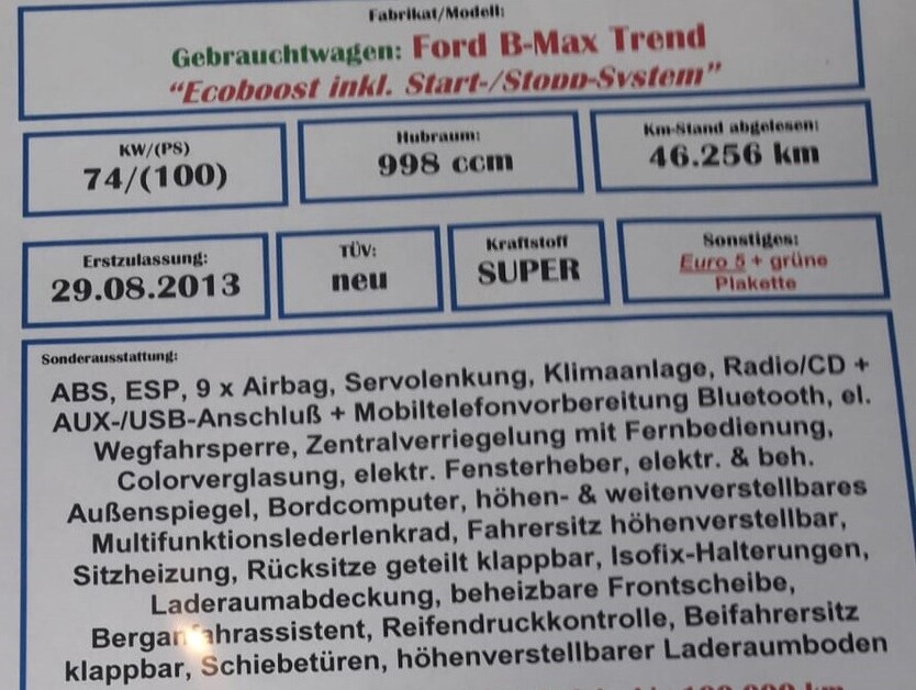 Ford B-Max 62.000 km 7.500 € Rostock 18055