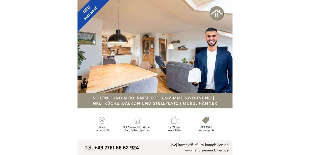 Etagenwohnung Murg Hänner - 3.5 Zimmer, 74 m&sup2;, 229.000&euro; | Angebot:26363343