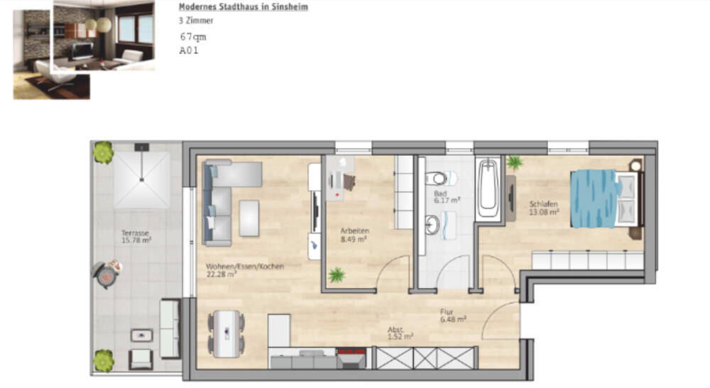 Etagenwohnung Sinsheim / Rohrbach Rohrbach - 3 Zimmer, 67 m&sup2;, 1.080&euro; | Angebot:26571075