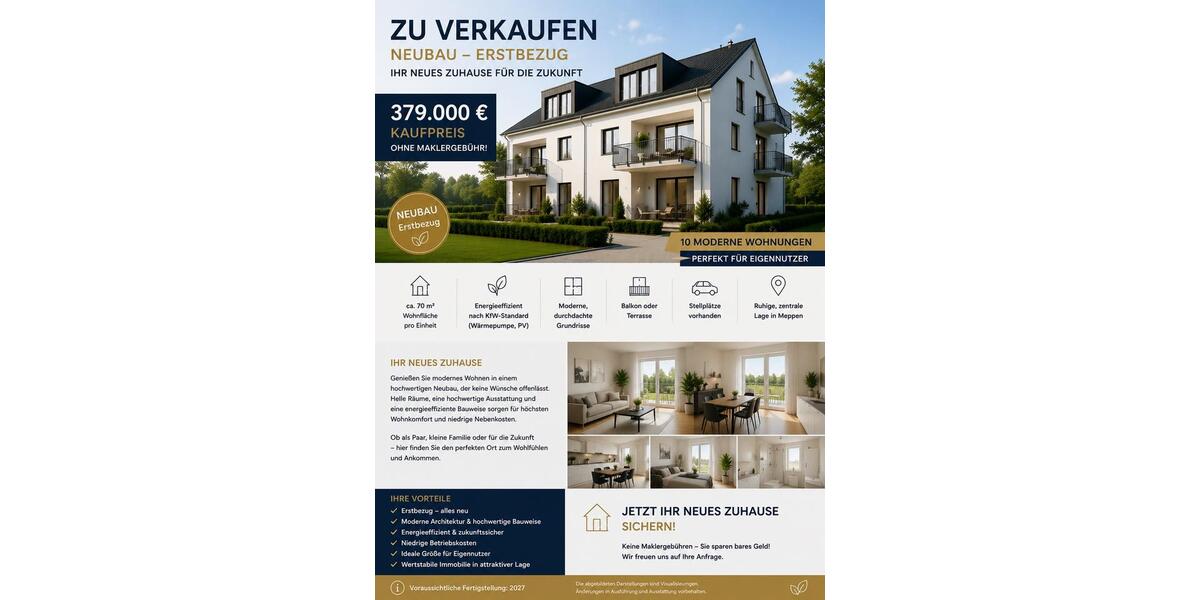 Etagenwohnung Meppen - 2.5 Zimmer, 70 m&sup2;, 379.000&euro; | Angebot:27163127