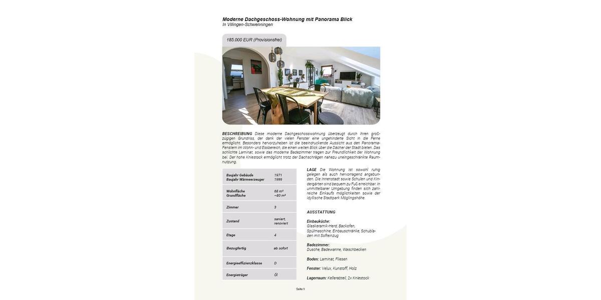 Dachgeschoßwohnung Villingen-Schwenningen Schwenningen - 3 Zimmer, 65 m&sup2;, 185.000&euro; | Angebot:26846059