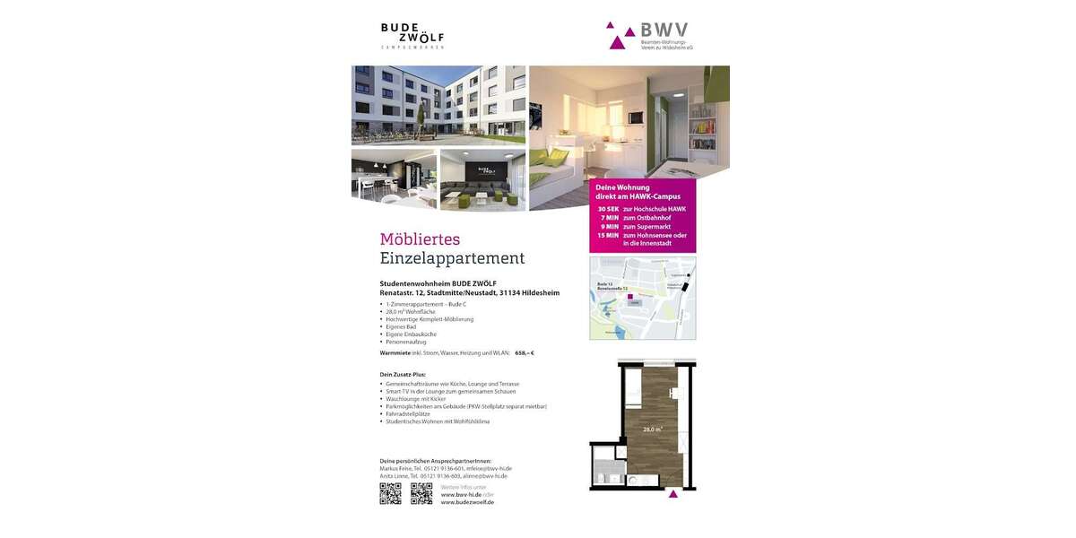Etagenwohnung Hildesheim - 1 Zimmer, 28 m&sup2;, 658&euro; | Angebot:24982932