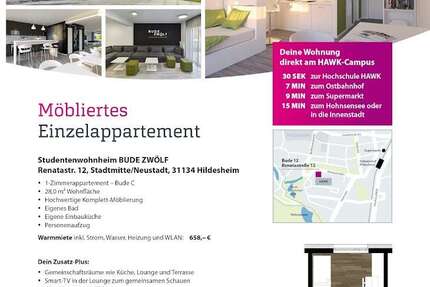 Wohnung Hildesheim - 1 Zimmer, 28 m&sup2;, 658&euro; | Angebot:24982932