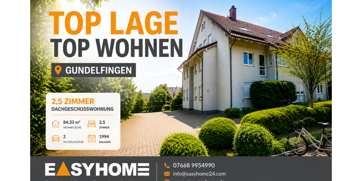 Etagenwohnung Gundelfingen - 2.5 Zimmer, 84 m&sup2;, 309.000&euro; | Angebot:27046045