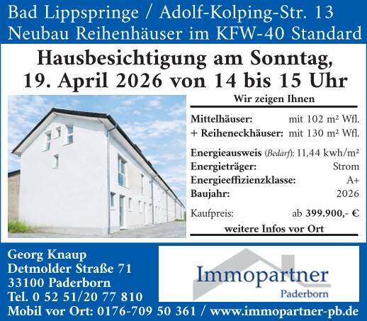 Reihenendhaus Bad Lippspringe - 6 Zimmer, 130 m&sup2;, 479.900&euro; | Angebot:25741589
