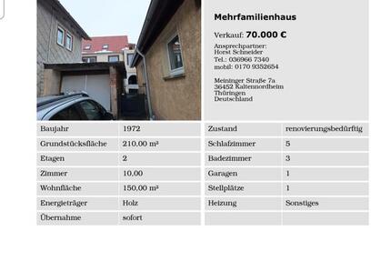 Haus Kaltennordheim - 10 Zimmer, 150 m&sup2;, 70.000&euro; | Angebot:26762399
