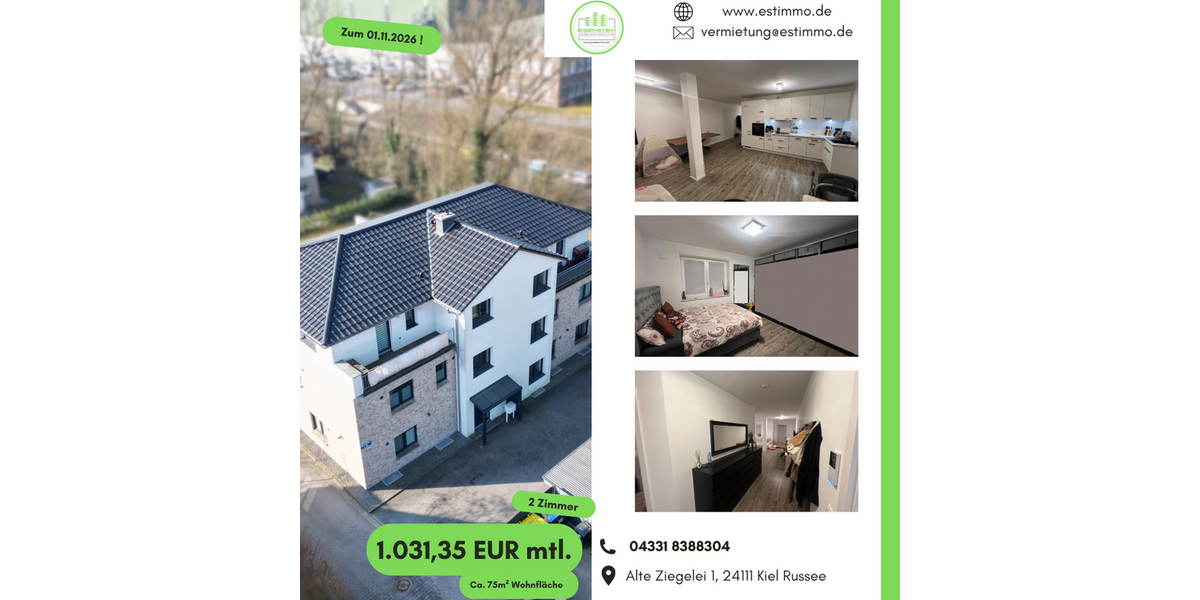 Etagenwohnung Kiel Russee - 2 Zimmer, 75 m&sup2;, 1.031&euro; | Angebot:27121996