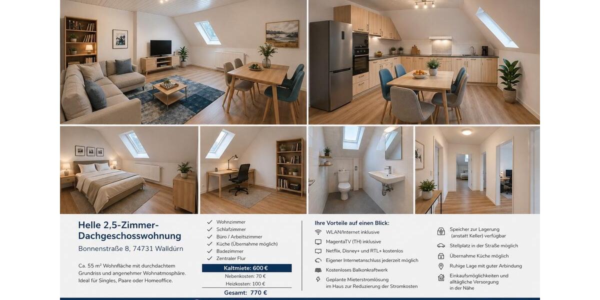 Dachgeschoßwohnung Walldürn - 3 Zimmer, 55 m&sup2;, 600&euro; | Angebot:26348729