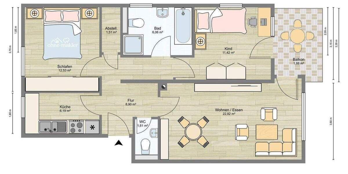 Etagenwohnung Gütersloh Innenstadt - 3 Zimmer, 72 m&sup2;, 225.000&euro; | Angebot:25755901