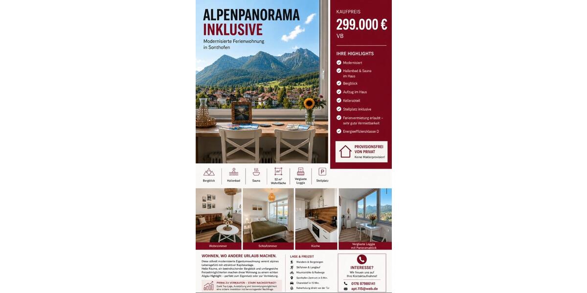 Etagenwohnung Sonthofen - 2 Zimmer, 52 m&sup2;, 299.000&euro; | Angebot:26822036