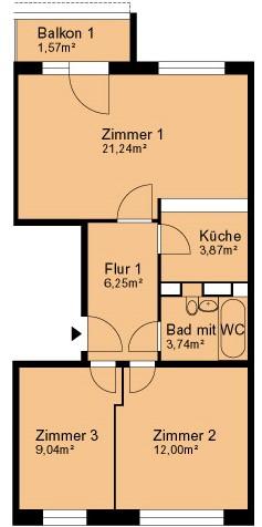 Etagenwohnung Bitterfeld-Wolfen Wolfen - 3 Zimmer, 57 m&sup2;, 337&euro; | Angebot:26645799