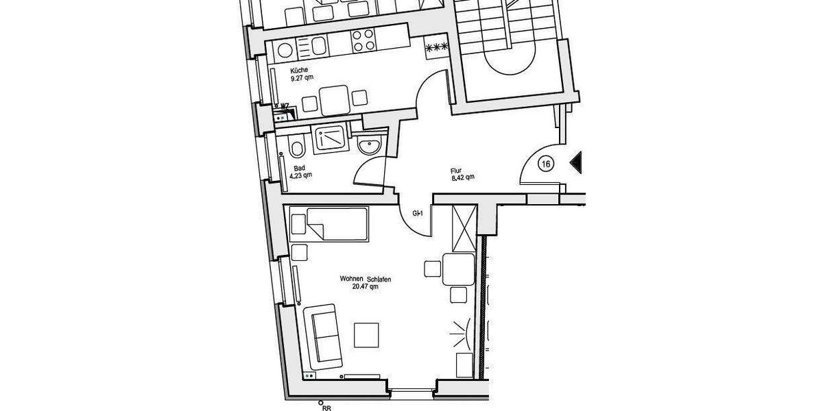 Geräumige 1-R-Wohnung mit Einbauküche 1 zimmer