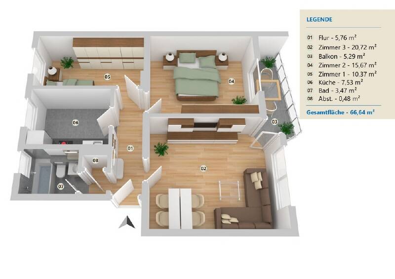 Etagenwohnung Minden Innenstadt - 3 Zimmer, 67 m&sup2;, 649&euro; | Angebot:26376000