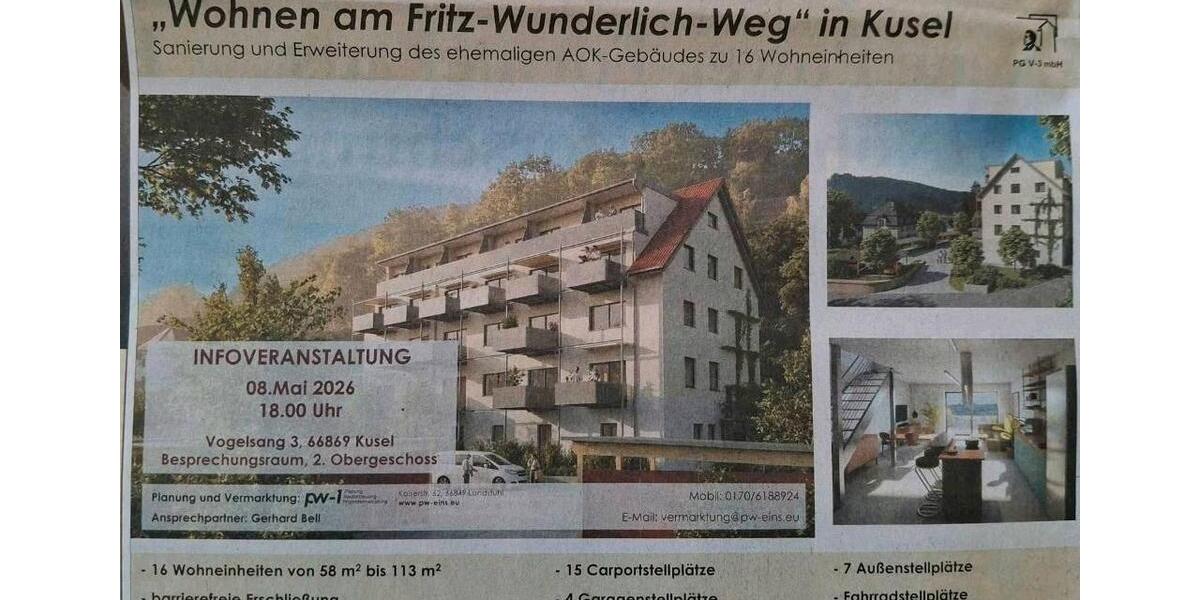 Erdgeschoßwohnung Kusel - 2 Zimmer, 58 m&sup2;, 225.000&euro; | Angebot:26416757