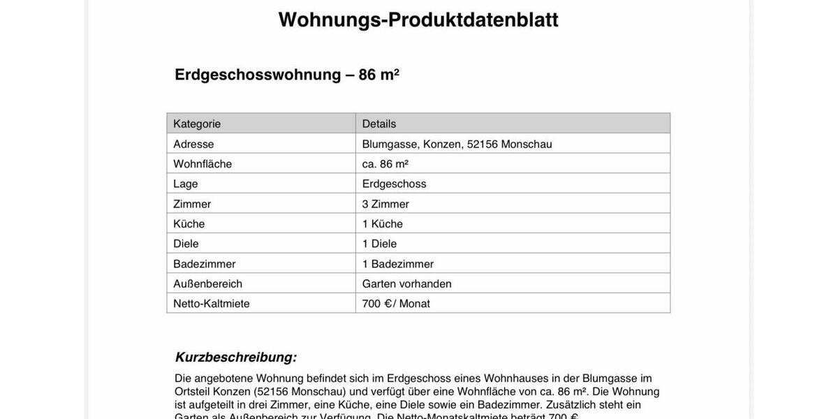 Erdgeschoßwohnung Monschau - 3 Zimmer, 86 m&sup2;, 700&euro; | Angebot:25402754