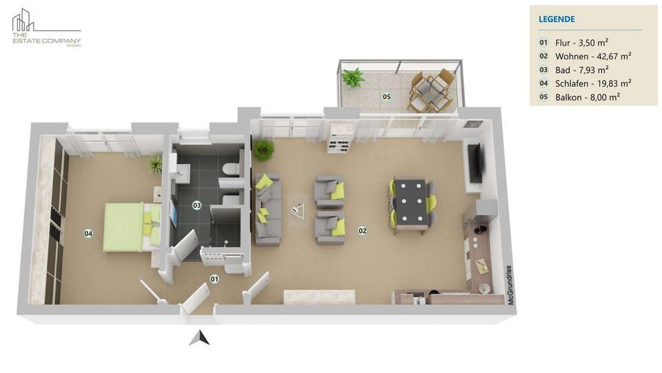 Moderne 2-Zimmer-Wohnung mit Balkon – durchdachter Grundriss & viel Licht im 1. Obergeschoss