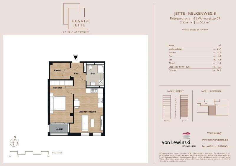 Etagenwohnung Wolfsburg Hellwinkel - 2 Zimmer, 55 m&sup2;, 746&euro; | Angebot:25355652