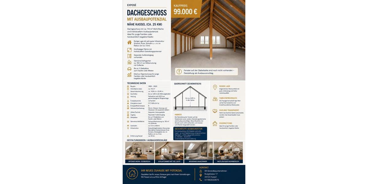 Dachgeschoßwohnung Kassel Bettenhausen - 4 Zimmer, 110 m&sup2;, 99.000&euro; | Angebot:27417299