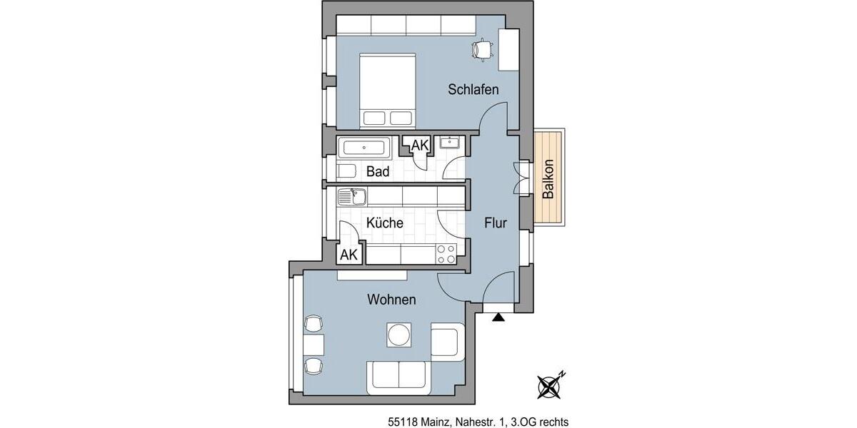 Etagenwohnung Mainz Neustadt - 2 Zimmer, 52 m&sup2;, 751&euro; | Angebot:26130807