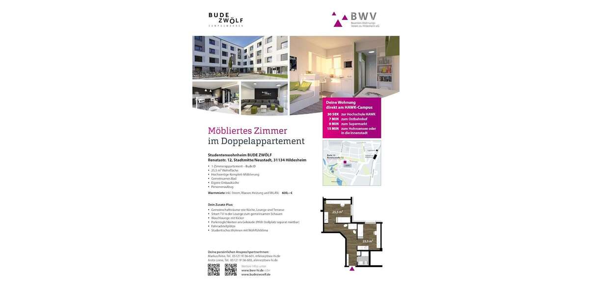 Etagenwohnung Hildesheim - 1 Zimmer, 26 m&sup2;, 600&euro; | Angebot:24982929