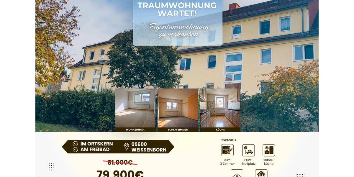 Etagenwohnung Oberschöna - 3 Zimmer, 75 m&sup2;, 79.900&euro; | Angebot:25998015