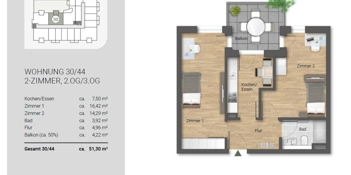 Etagenwohnung Freiburg im Breisgau Wiehre - 2 Zimmer, 51 m&sup2;, 1.450&euro; | Angebot:25738662