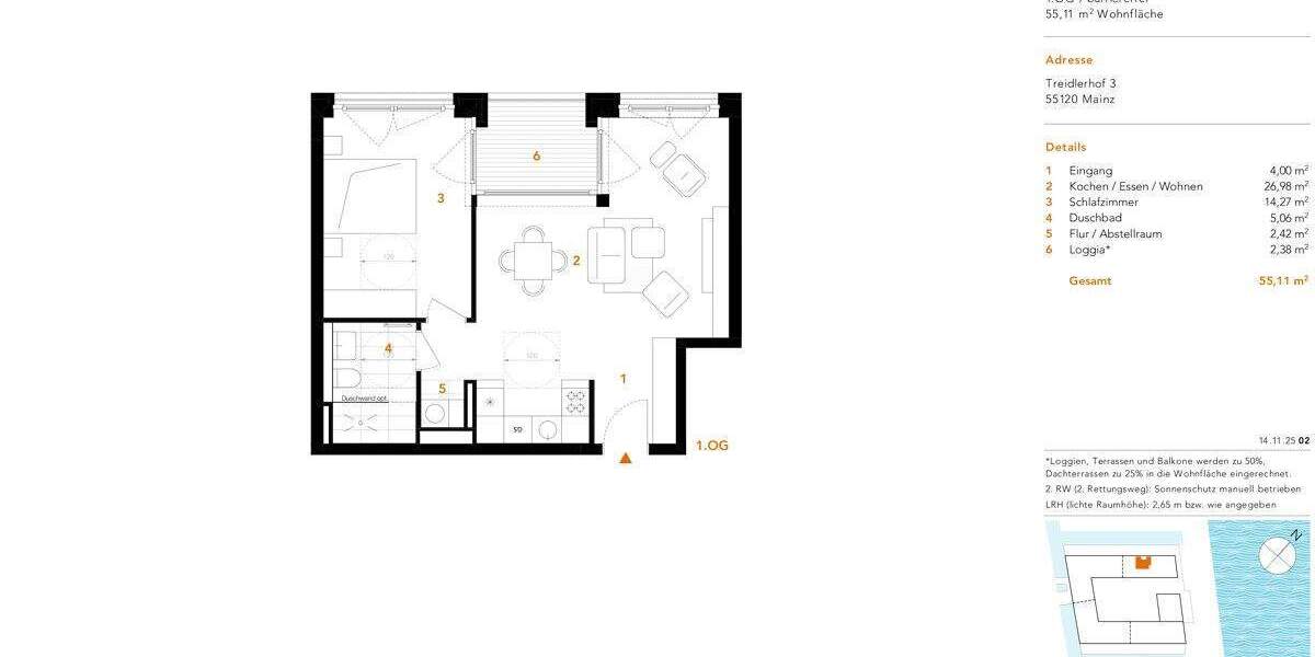 Etagenwohnung Mainz Neustadt - 2 Zimmer, 55 m&sup2;, 489.900&euro; | Angebot:25702314