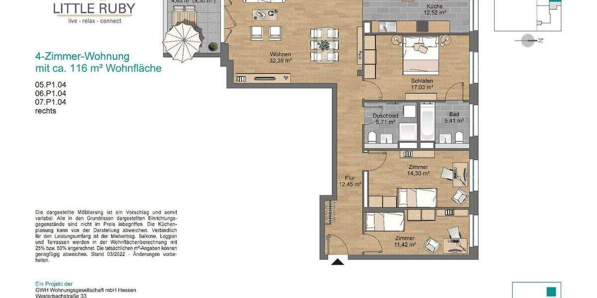 Etagenwohnung Frankfurt am Main Schwanheim - 4 Zimmer, 115 m&sup2;, 1.799&euro; | Angebot:25777437