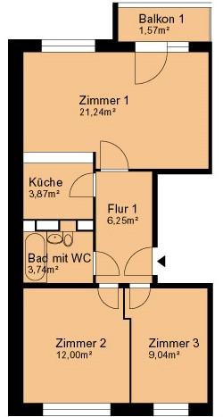 Etagenwohnung Bitterfeld-Wolfen Wolfen - 3 Zimmer, 57 m&sup2;, 342&euro; | Angebot:26645802