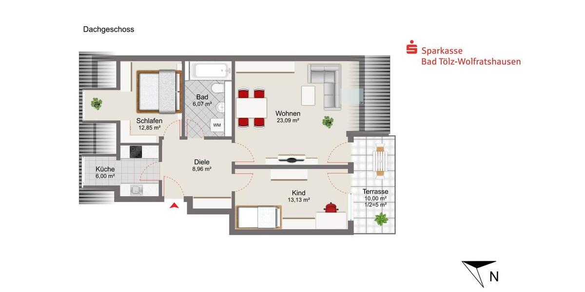 Dachgeschoßwohnung Geretsried - 3 Zimmer, 74 m&sup2;, 1.110&euro; | Angebot:26662104