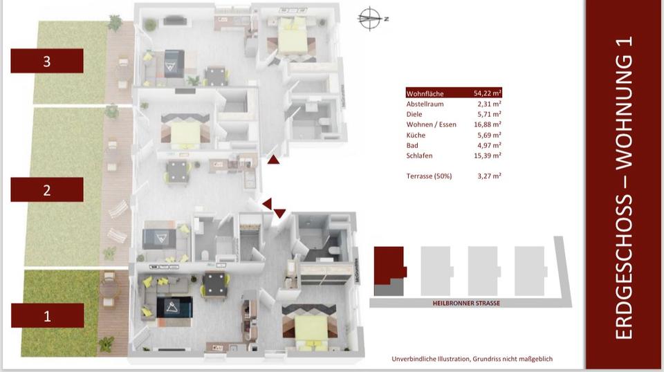 Erdgeschoßwohnung Bad Friedrichshall - 2.5 Zimmer, 54 m&sup2;, 870&euro; | Angebot:26373784