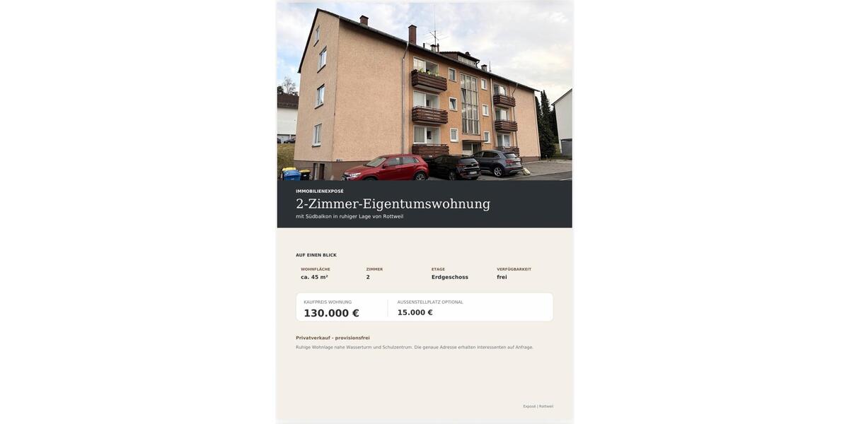 Erdgeschoßwohnung Rottweil - 2 Zimmer, 45 m&sup2;, 130.000&euro; | Angebot:27118164