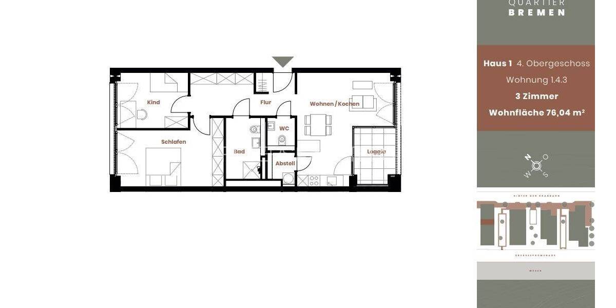 Etagenwohnung Bremen Handelshäfen - 3 Zimmer, 75 m&sup2;, 1.249&euro; | Angebot:26869309
