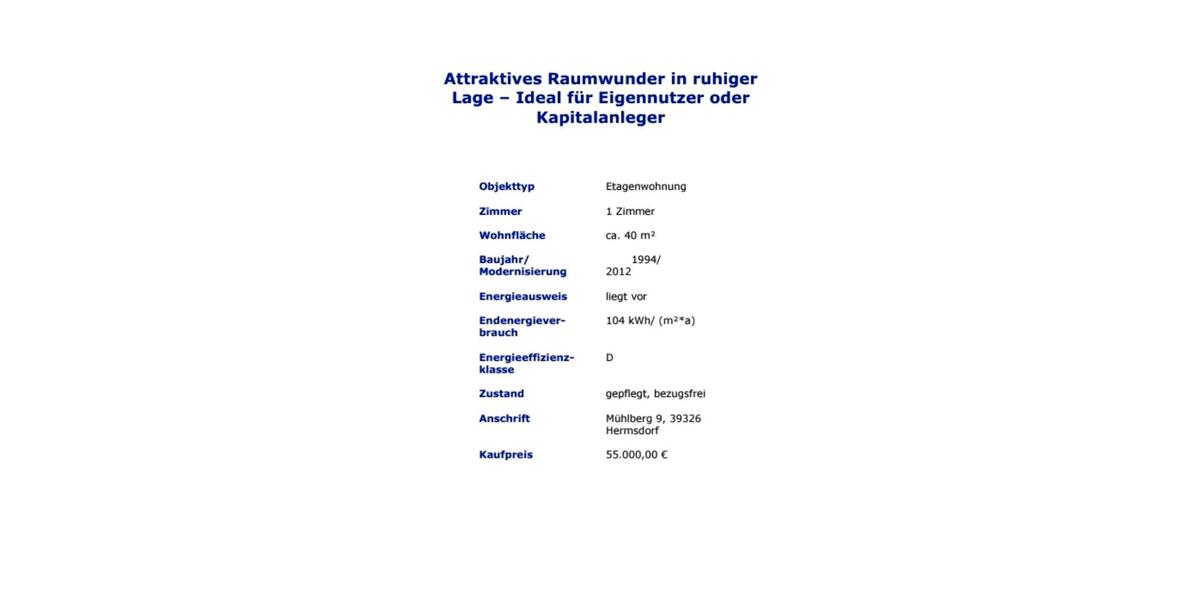 Erdgeschoßwohnung Wolmirstedt - 1 Zimmer, 40 m&sup2;, 55.000&euro; | Angebot:27258965