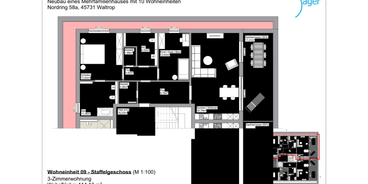 Erstbezug! Exklusive 3-Zimmer-Penthousewohnung mit Dachterrasse & Gäste-Bad in Waltrop-Zentrum 3 zimmer