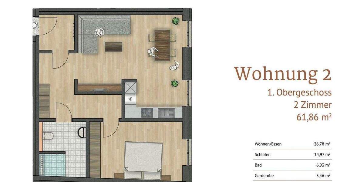 Etagenwohnung Drensteinfurt - 2 Zimmer, 61 m&sup2;, 269.000&euro; | Angebot:24649411