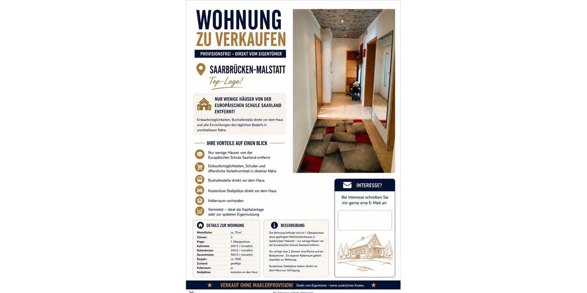 Etagenwohnung Saarbrücken West - 2 Zimmer, 75 m&sup2;, 148.000&euro; | Angebot:27265964
