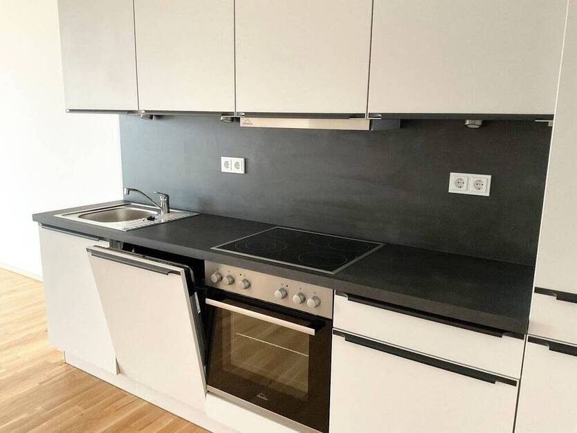 Helle 2-Zimmer-Wohnung mit Terrasse, moderne Neubau-Ausstattung mit Echtholzparkett + Einbauküche