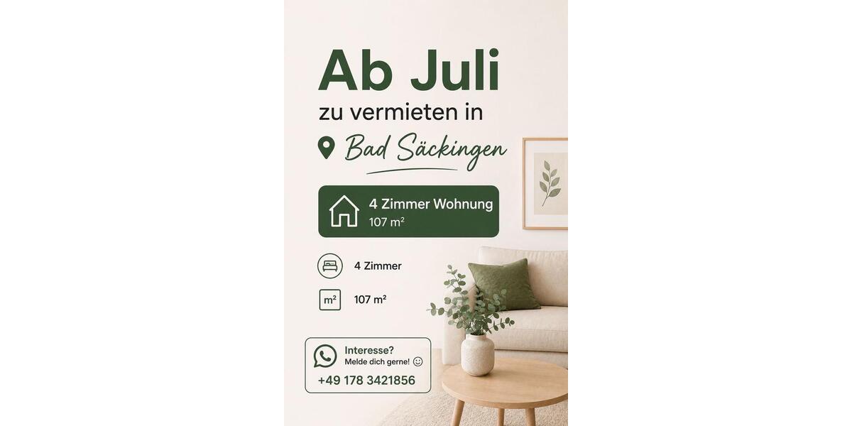 Etagenwohnung Bad Säckingen - 4 Zimmer, 107 m&sup2;, 1.300&euro; | Angebot:26535976