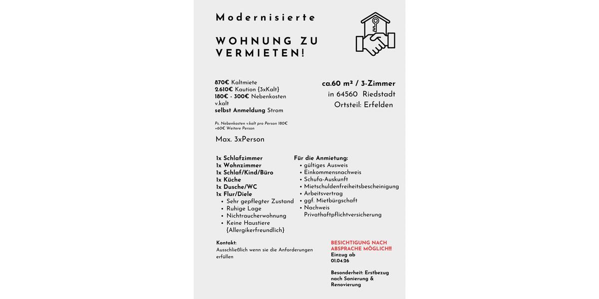 Etagenwohnung Riedstadt - 3 Zimmer, 60 m&sup2;, 870&euro; | Angebot:25371077