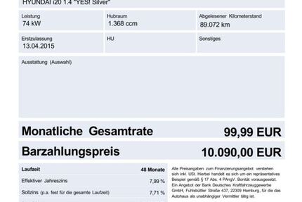 Hyundai i20 89.072 km 10.090 € Speyer 67346