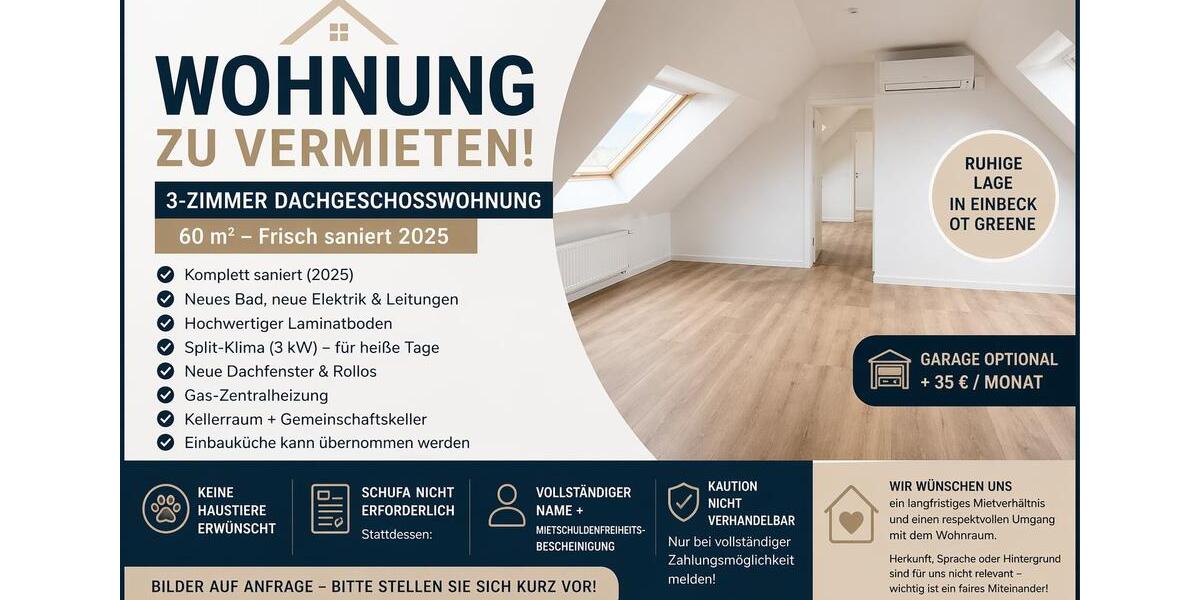Dachgeschoßwohnung Einbeck - 3 Zimmer, 60 m&sup2;, 450&euro; | Angebot:26269900