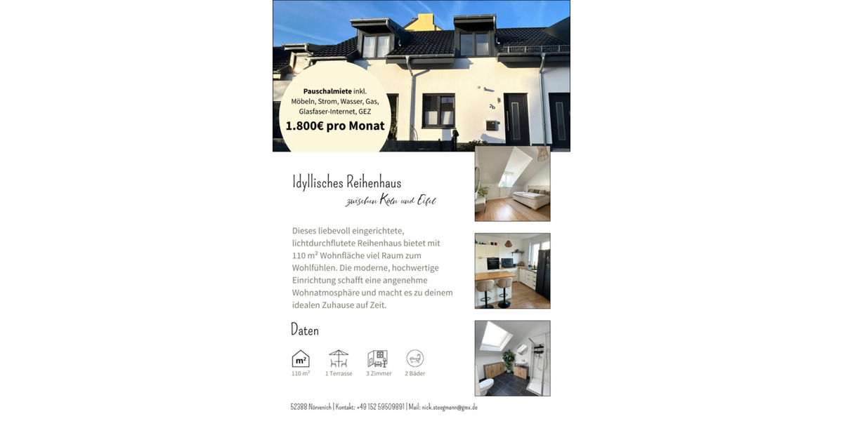 Reihenhaus Nörvenich - 3 Zimmer, 110 m&sup2;, 1.800&euro; | Angebot:25027195