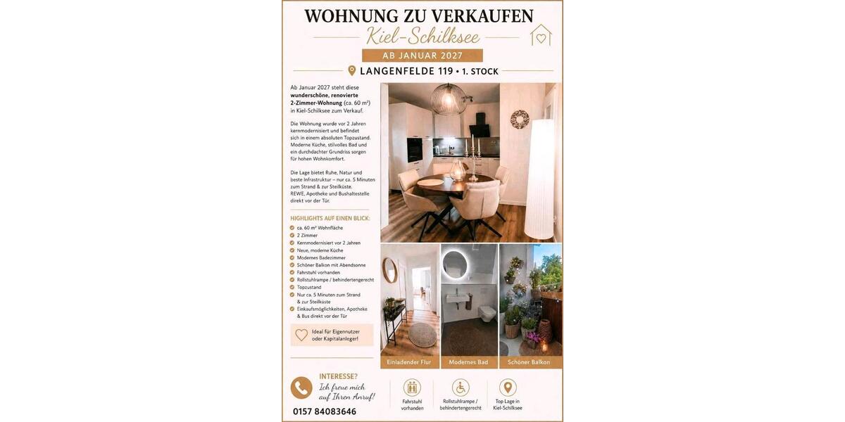 Etagenwohnung Kiel Friedrichsort - 2 Zimmer, 60 m&sup2;, 185.000&euro; | Angebot:27157065