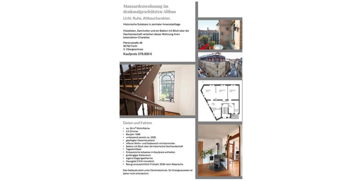 Etagenwohnung Fürth Altstadt - 3.5 Zimmer, 95 m&sup2;, 378.000&euro; | Angebot:25539931