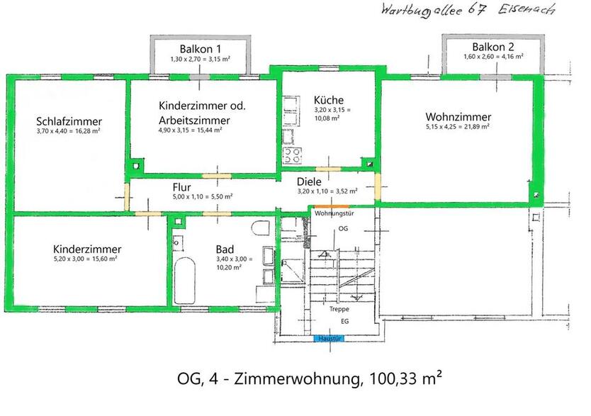 Whg. im Südviertel - 4 Zi. 100,3 qm - 2 Balkone, direkt im Grünen