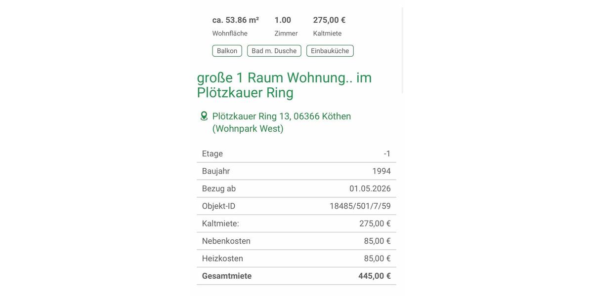 Etagenwohnung Köthen (Anhalt) - 1 Zimmer, 54 m&sup2;, 460&euro; | Angebot:25561140