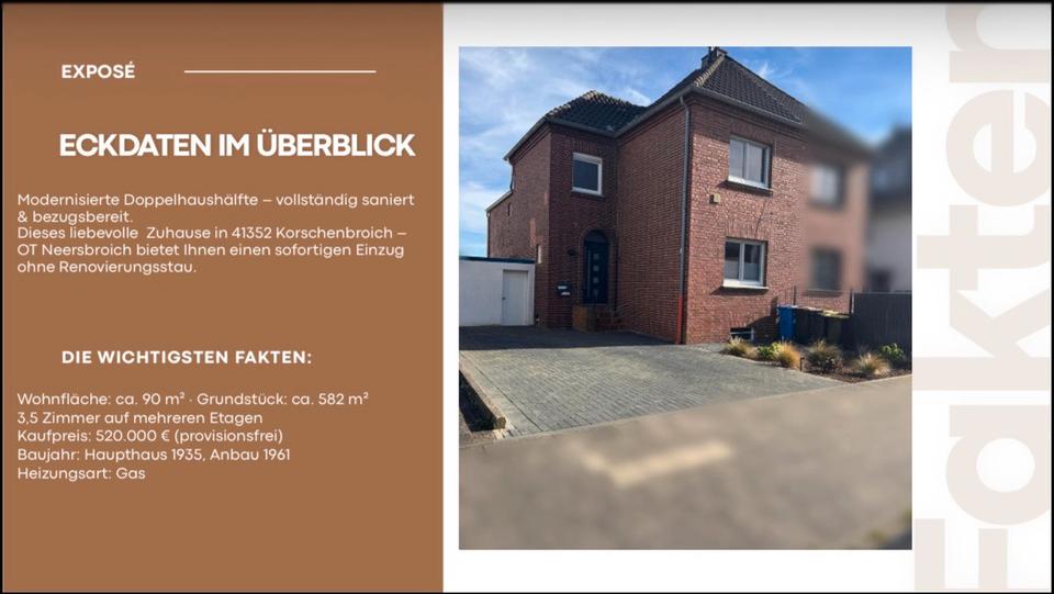 Doppelhaushälfte Korschenbroich - 3.5 Zimmer, 90 m&sup2;, 498.000&euro; | Angebot:26716745