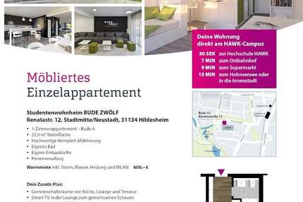 Wohnung Hildesheim - 1 Zimmer, 23 m&sup2;, 600&euro; | Angebot:26284627